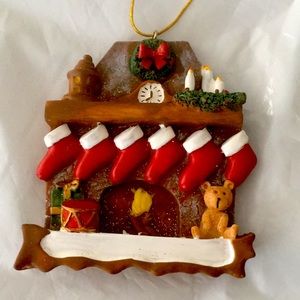 Stone Resin Fireplace Christmas Ornament 6 Stockings Teddy Bear Sparkly NWOT